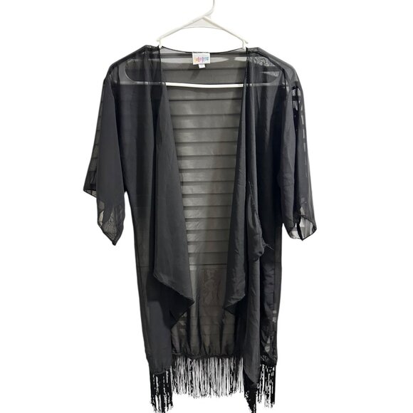 🍒 2/$20 🍒 Lularoe Black Sheer Fringe Kimono Cardigan Open Front Size S - Picture 1 of 5